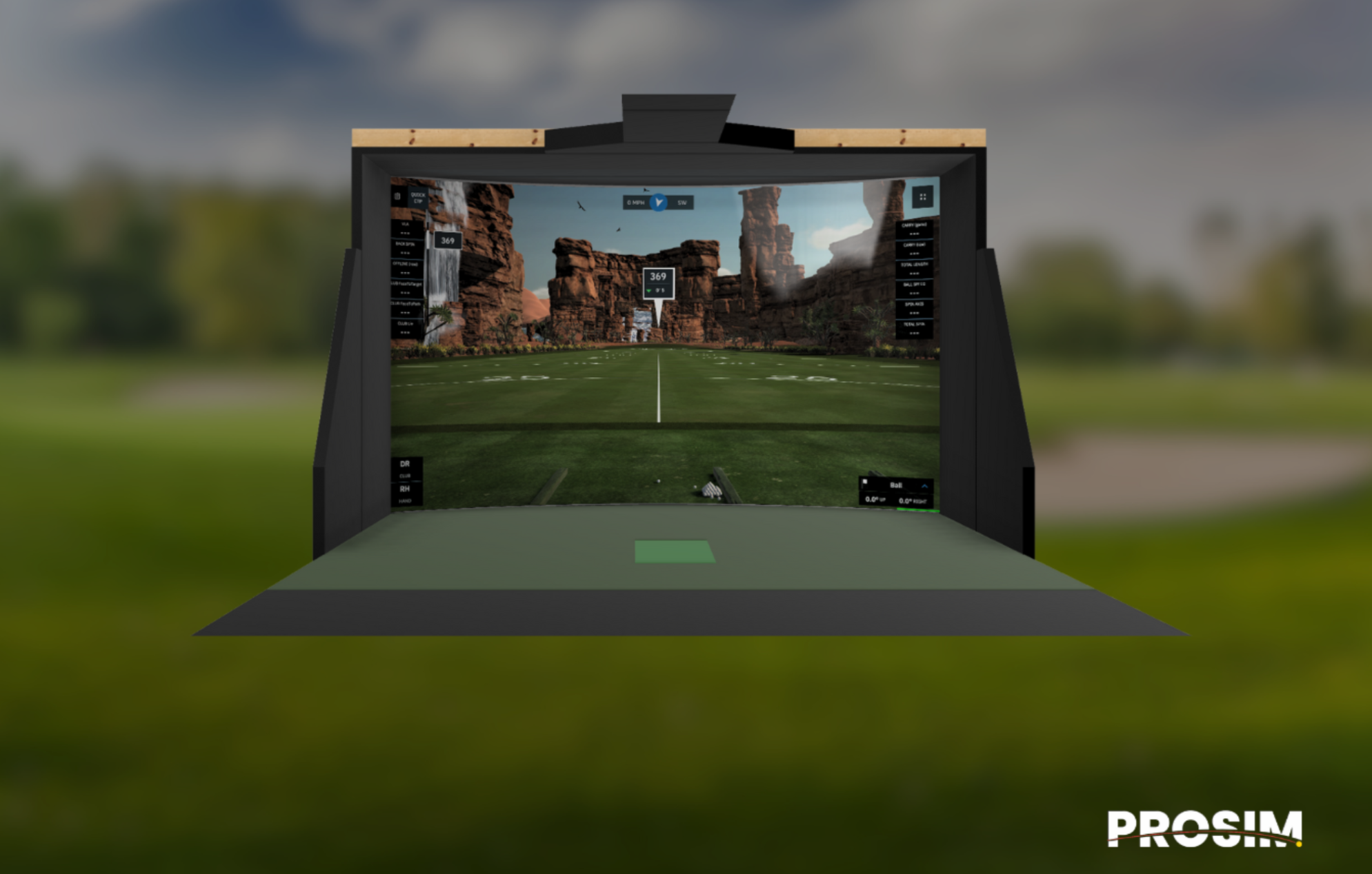 Simulateur de golf ProSim affichant un parcours sur grand écran